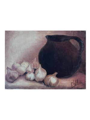 Brocante Gramon - Vintage French garlic still-life painting on canvas