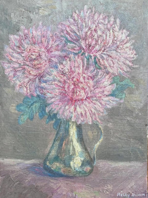 Brocante Gramon - Vintage French pink zinnias oil painting on board