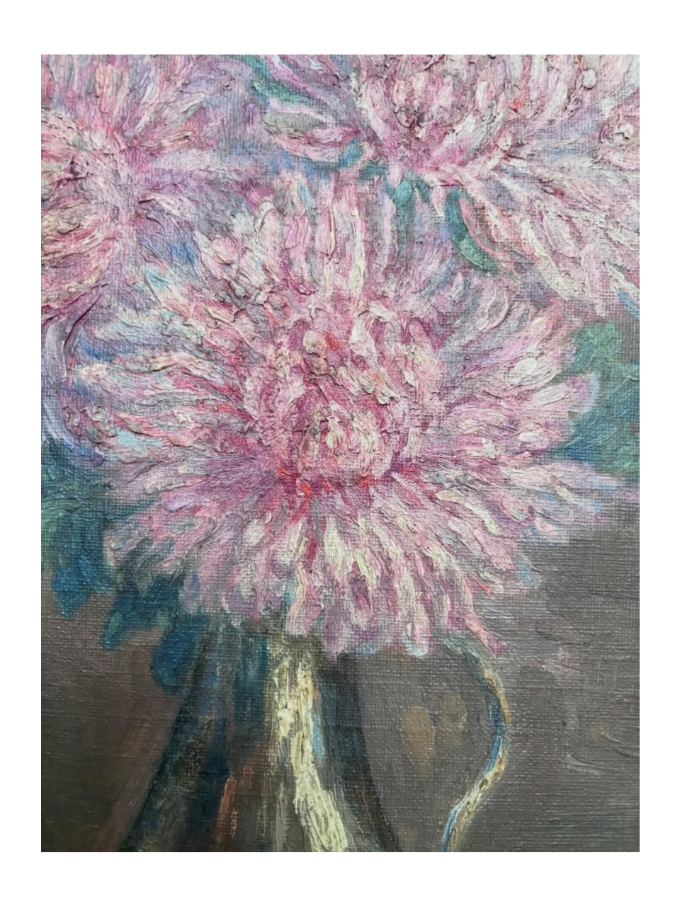 Brocante Gramon - Vintage French pink zinnias oil painting on board