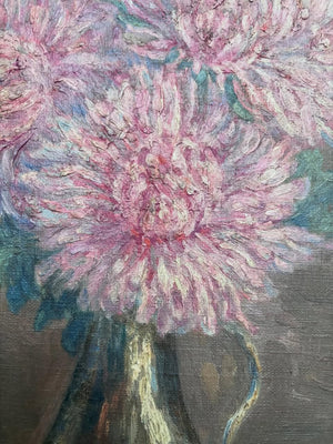Brocante Gramon - Vintage French pink zinnias oil painting on board
