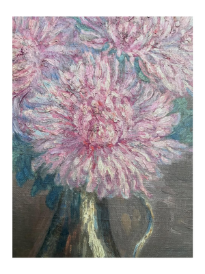 Brocante Gramon - Vintage French pink zinnias oil painting on board