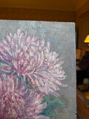 Brocante Gramon - Vintage French pink zinnias oil painting on board