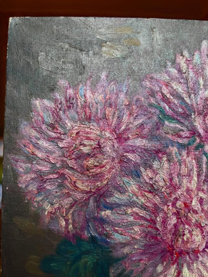 Brocante Gramon - Vintage French pink zinnias oil painting on board
