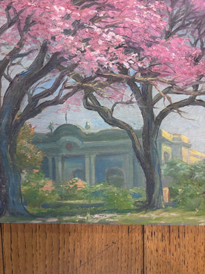 Brocante Gramon - Vintage pink tree oil painting on board