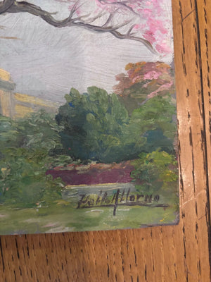 Brocante Gramon - Vintage pink tree oil painting on board