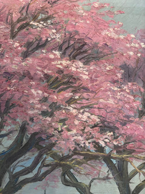 Brocante Gramon - Vintage pink tree oil painting on board