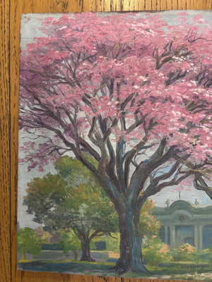 Brocante Gramon - Vintage pink tree oil painting on board