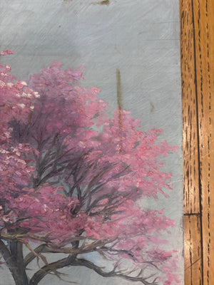Brocante Gramon - Vintage pink tree oil painting on board
