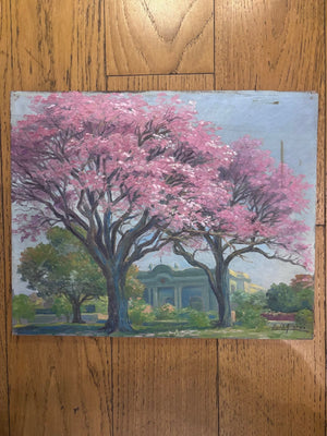 Brocante Gramon - Vintage pink tree oil painting on board