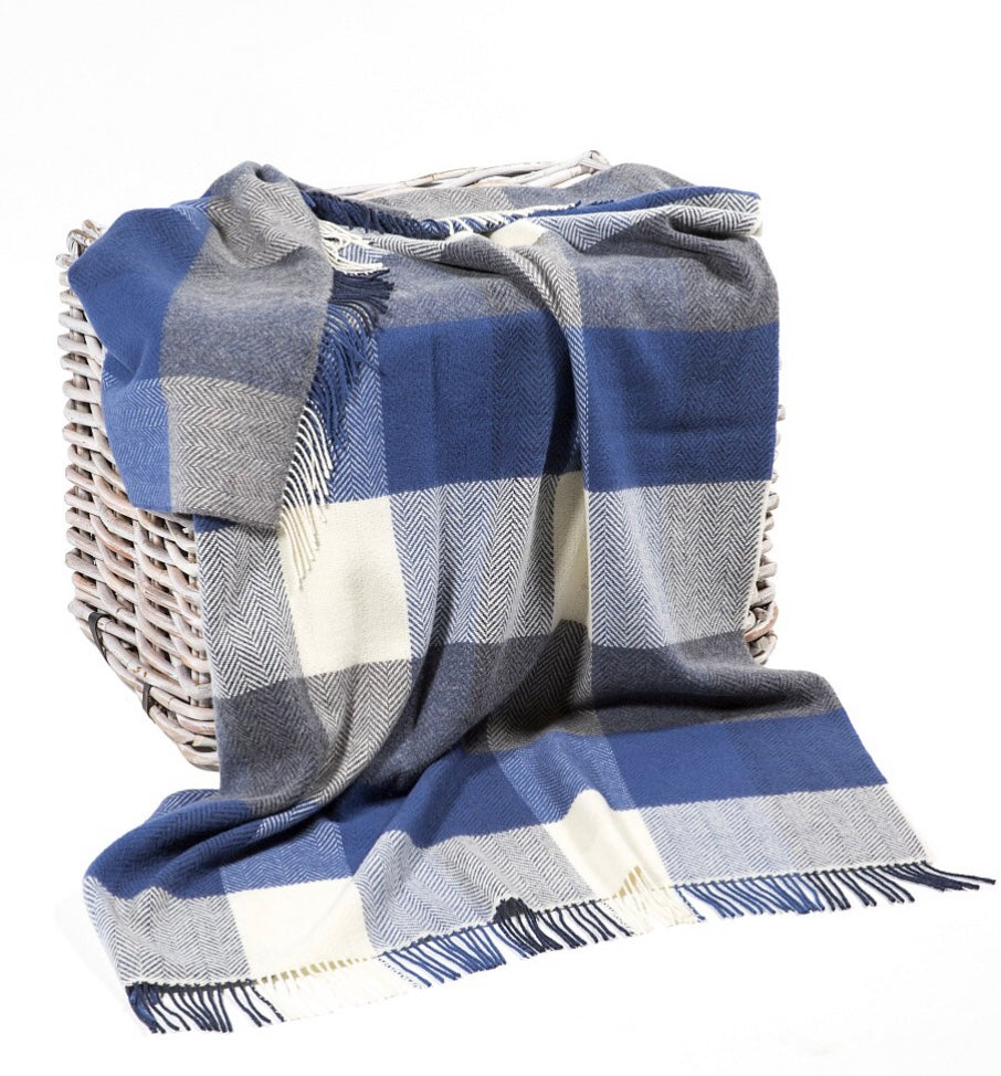 Brocante Gramon - Merino Cashmere Throw - Blue, Demin + White Large Check