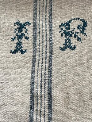 Brocante Gramon - Antique Hungarian Grain Sack Linen Table Runner - monogrammed 'IP'
