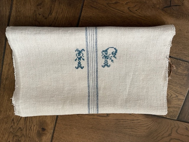 Brocante Gramon - Antique Hungarian Grain Sack Linen Table Runner - monogrammed 'IP'