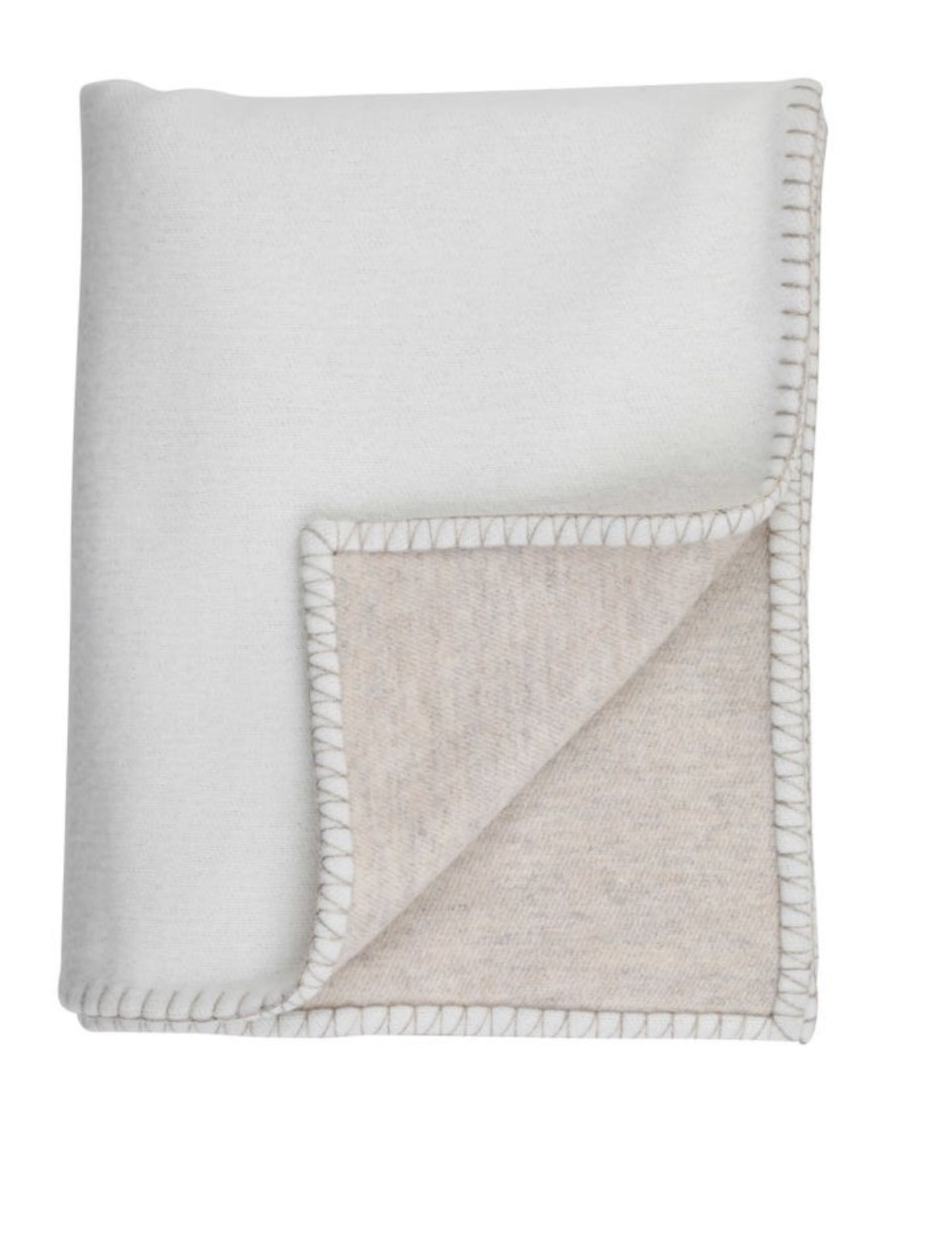 Brocante Gramon - Cashmere/Merino Reversible Blanket Stitched Bed Throw - Ecru / Driftwood