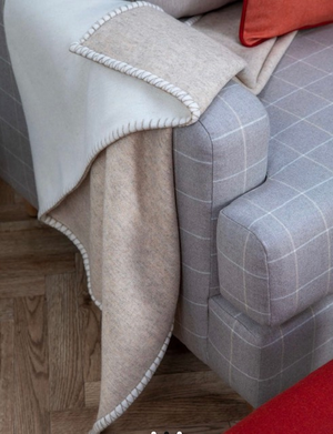 Brocante Gramon - Cashmere/Merino Reversible Blanket Stitched Bed Throw - Ecru / Driftwood