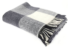 Brocante Gramon - Merino Cashmere Throw - Grey + White Herringbone Large Check