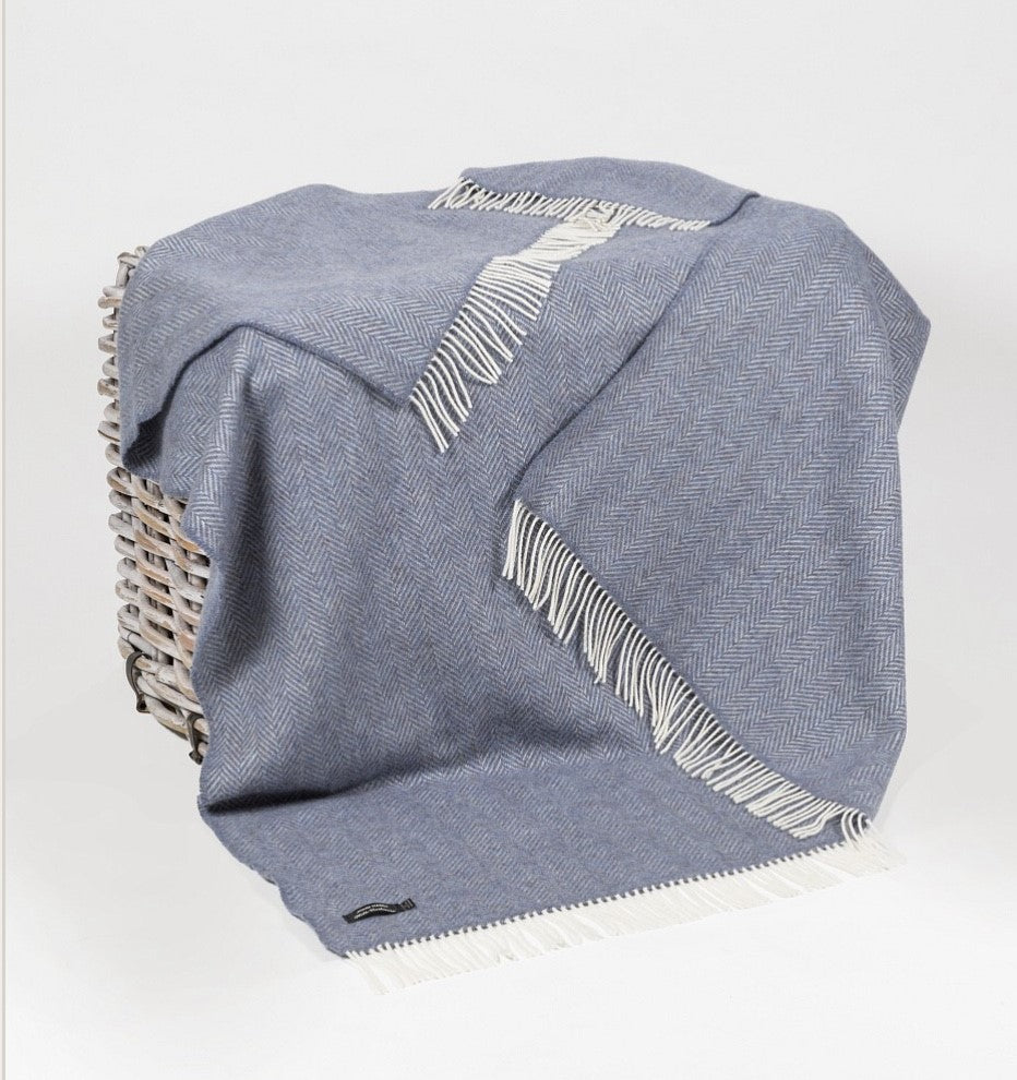 Brocante Gramon - Merino Cashmere Throw - Blue Herringbone
