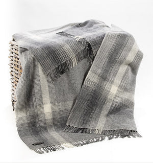 Brocante Gramon - Merino Cashmere Throw - Grey + Silver Border Check